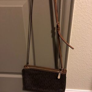 Michael Kors small crossbody, signature and camel colored